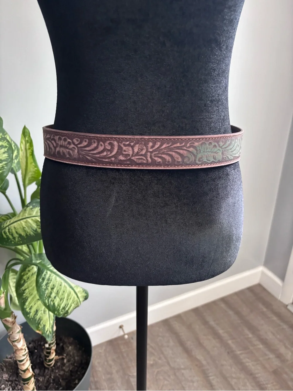 Tooled Leather Belt with Oval Buckle - Green and Brown
